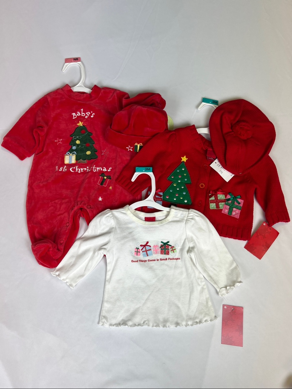 NB - 3M NWT My First Christmas 5 Piece Set Onesie, Sweater, Top and two hats